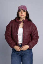 Statement Cropped Puffer Jacket - Burgundy