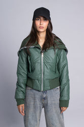 Ribbed Neck Puffer Jacket - Olive