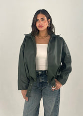 Belted Leather Jacket - Olive
