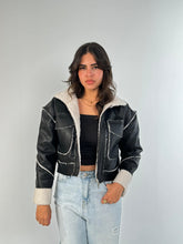 Faux Leather Stitched Fur Jacket - Black