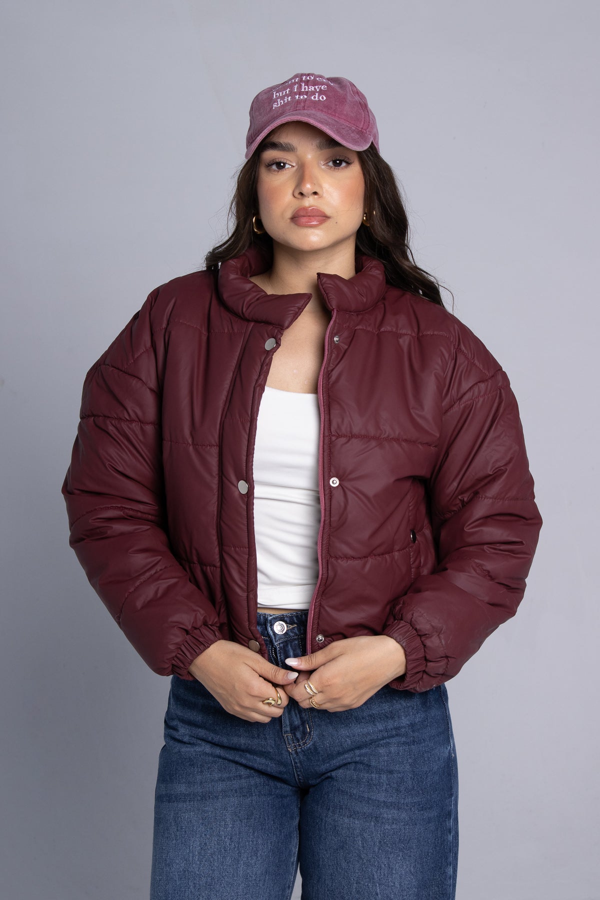 Statement Cropped Puffer Jacket - Burgundy