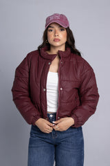 Statement Cropped Puffer Jacket - Burgundy