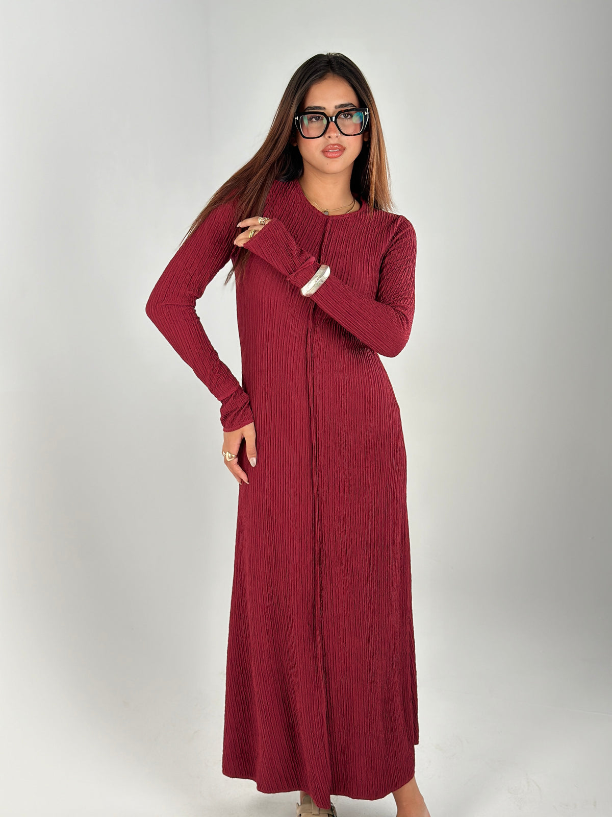 Body Shaped Long Sleeves Dress - Burgundy