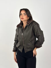 Leather X Fur Double Zipper Jacket - Brown