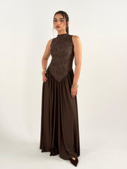 V Lace Dress - Brown