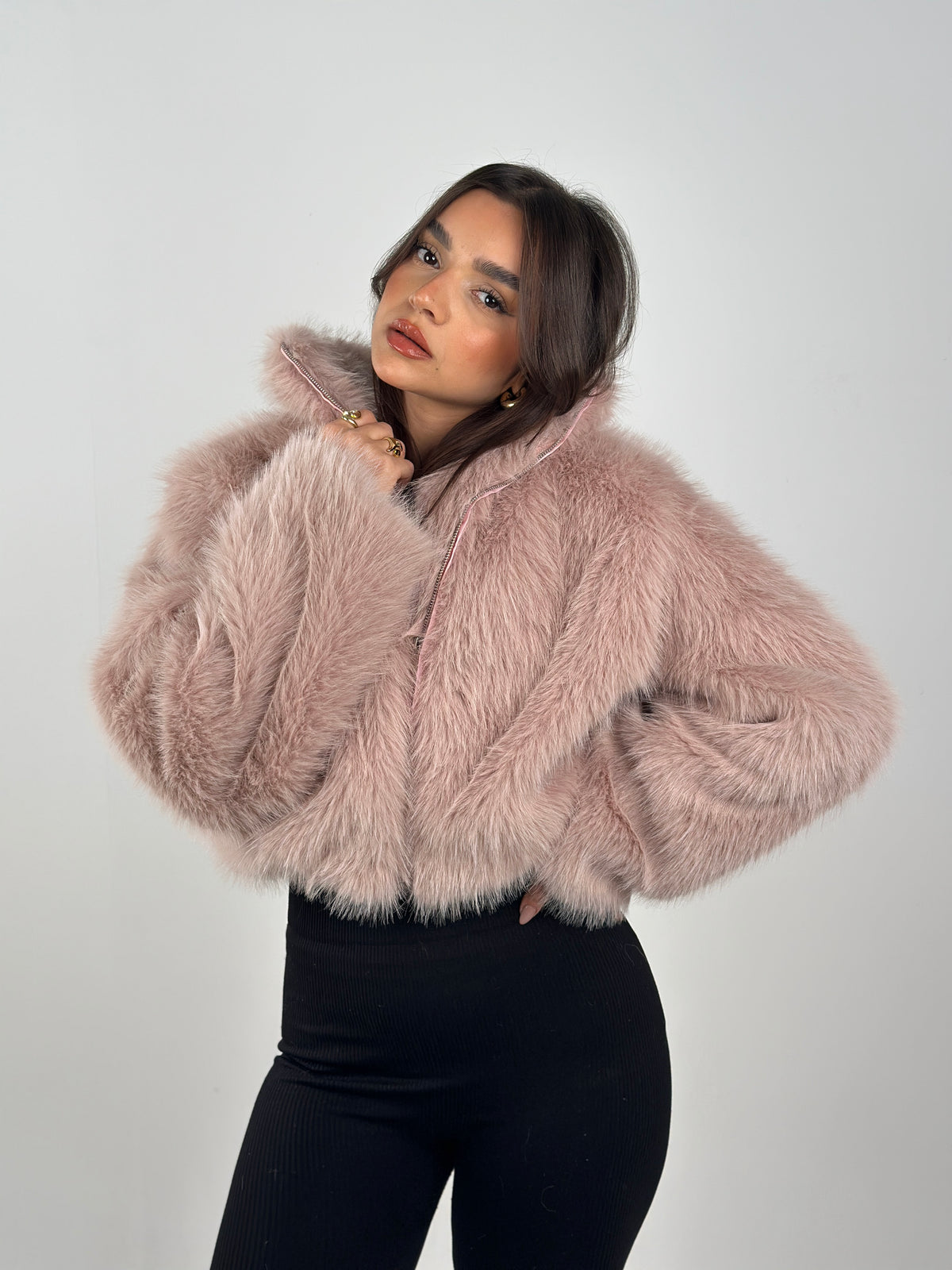 Cropped Zip Fur Jacket - Rose