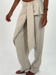 Bow Waist Linen Pants - Beige