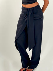 Bow Waist Linen Pants - Black