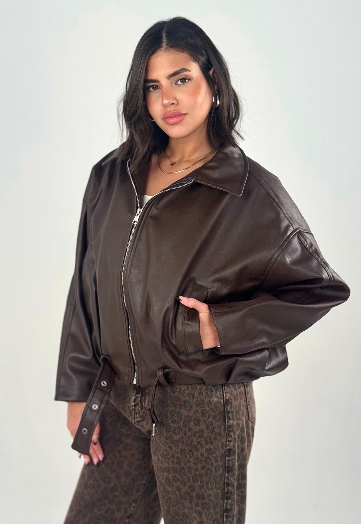 Belted Leather Jacket - Brown