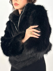 Cropped Zip Fur Jacket - Black