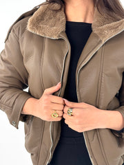 Leather X Fur Double Zipper Jacket - Brown