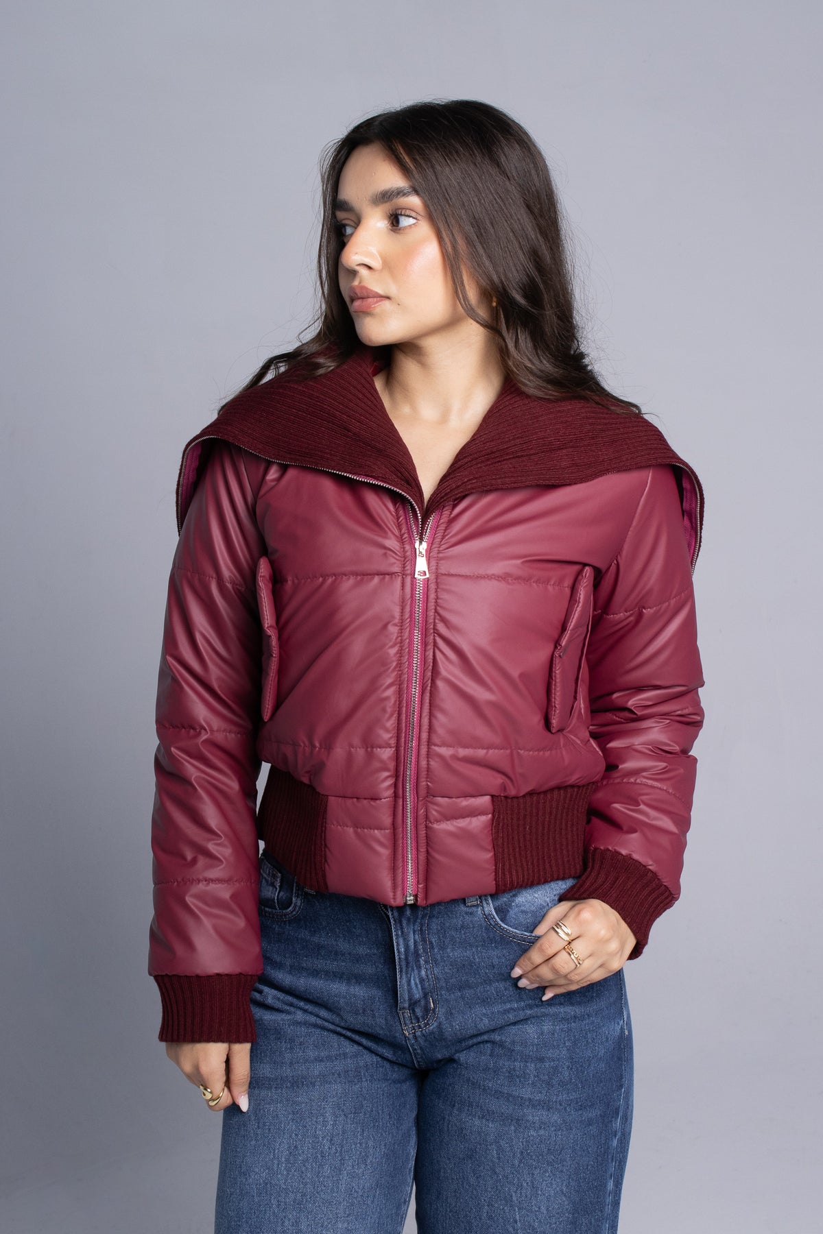 Ribbed Neck Puffer Jacket - Burgundy