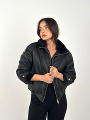 Leather X Fur Double Zipper Jacket - Black