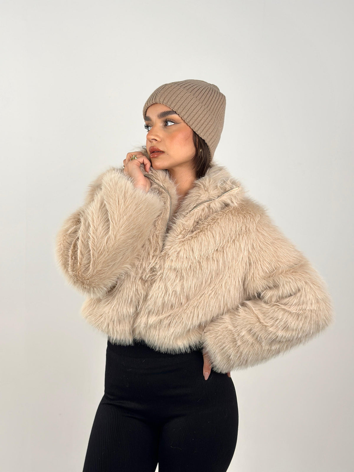Cropped Fur Jacket - Beige