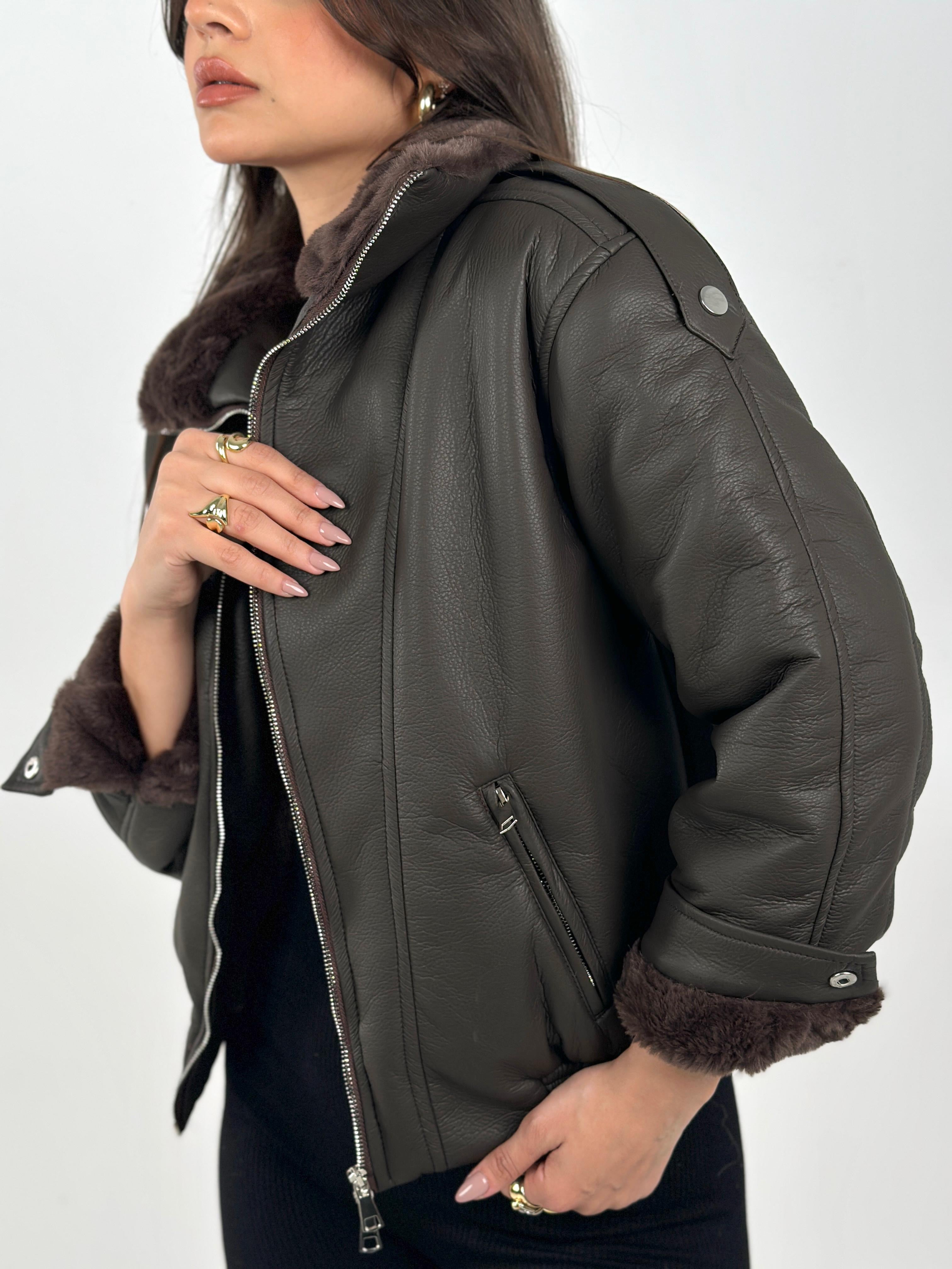 Leather X Fur Double Zipper Jacket - Brown