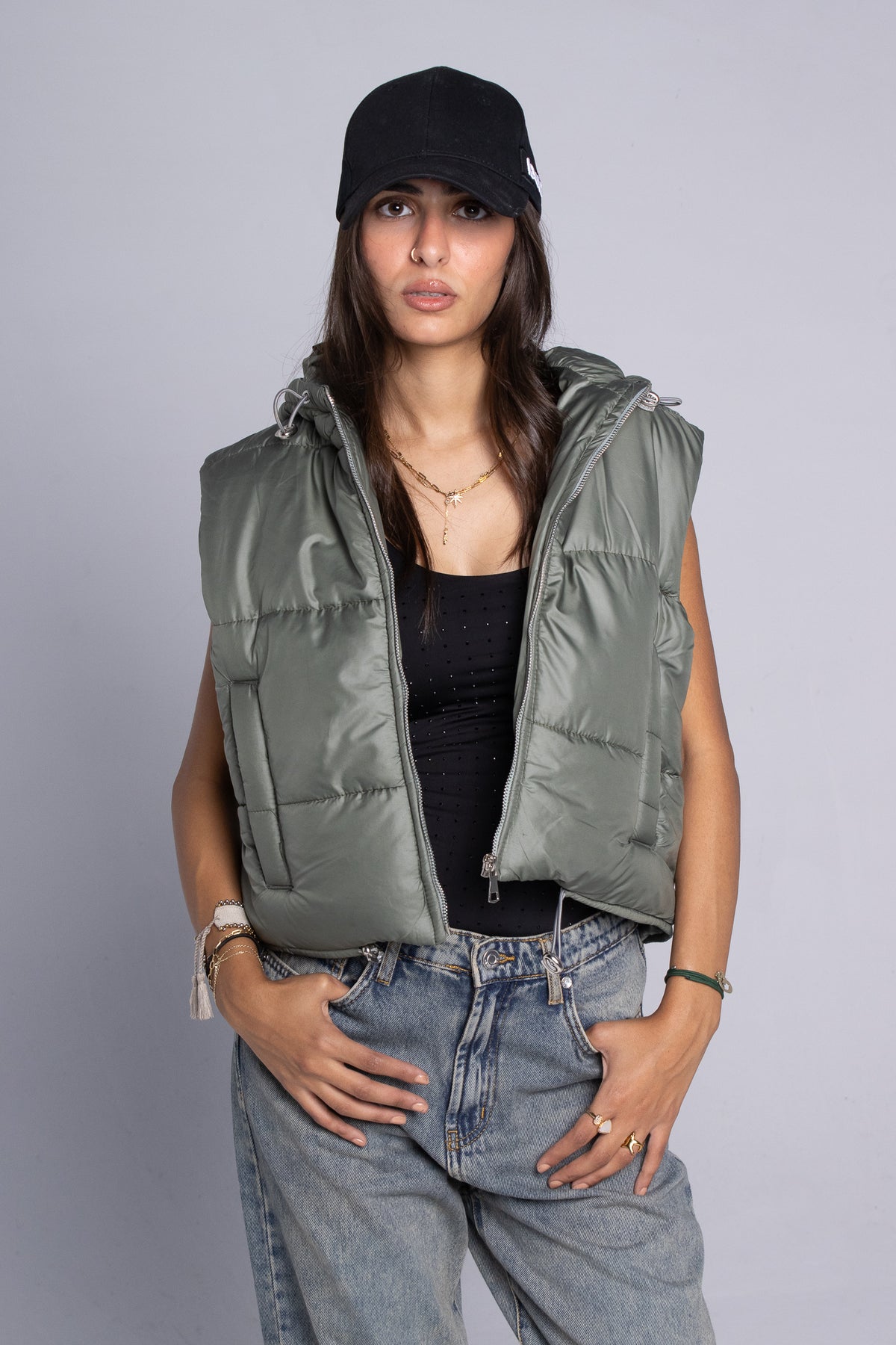 Hooded Cropped Vest - Olive