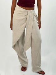 Bow Waist Linen Pants - Beige