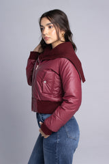 Ribbed Neck Puffer Jacket - Burgundy