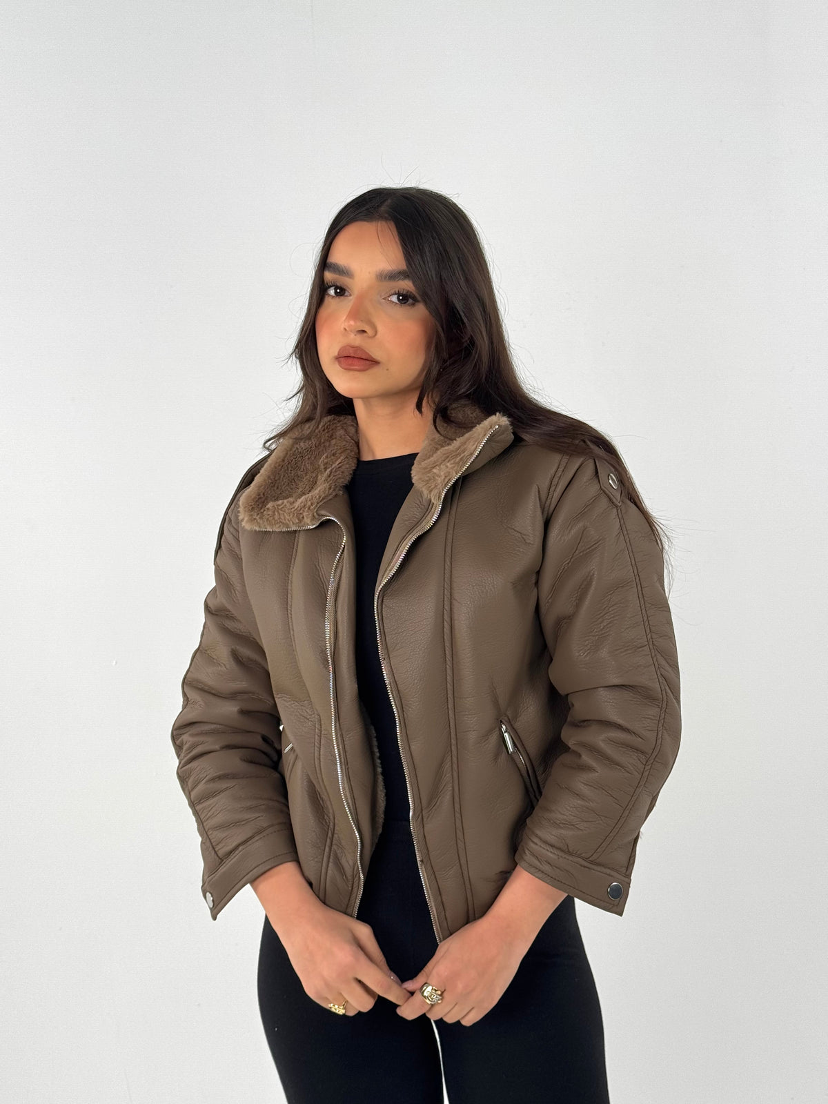 Leather X Fur Double Zipper Jacket - Brown
