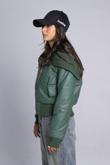 Ribbed Neck Puffer Jacket - Olive