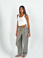 Bow Waist Linen Pants - Olive
