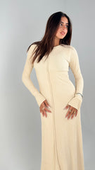 Body Shaped Long Sleeves Dress - Beige