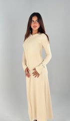 Body Shaped Long Sleeves Dress - Beige