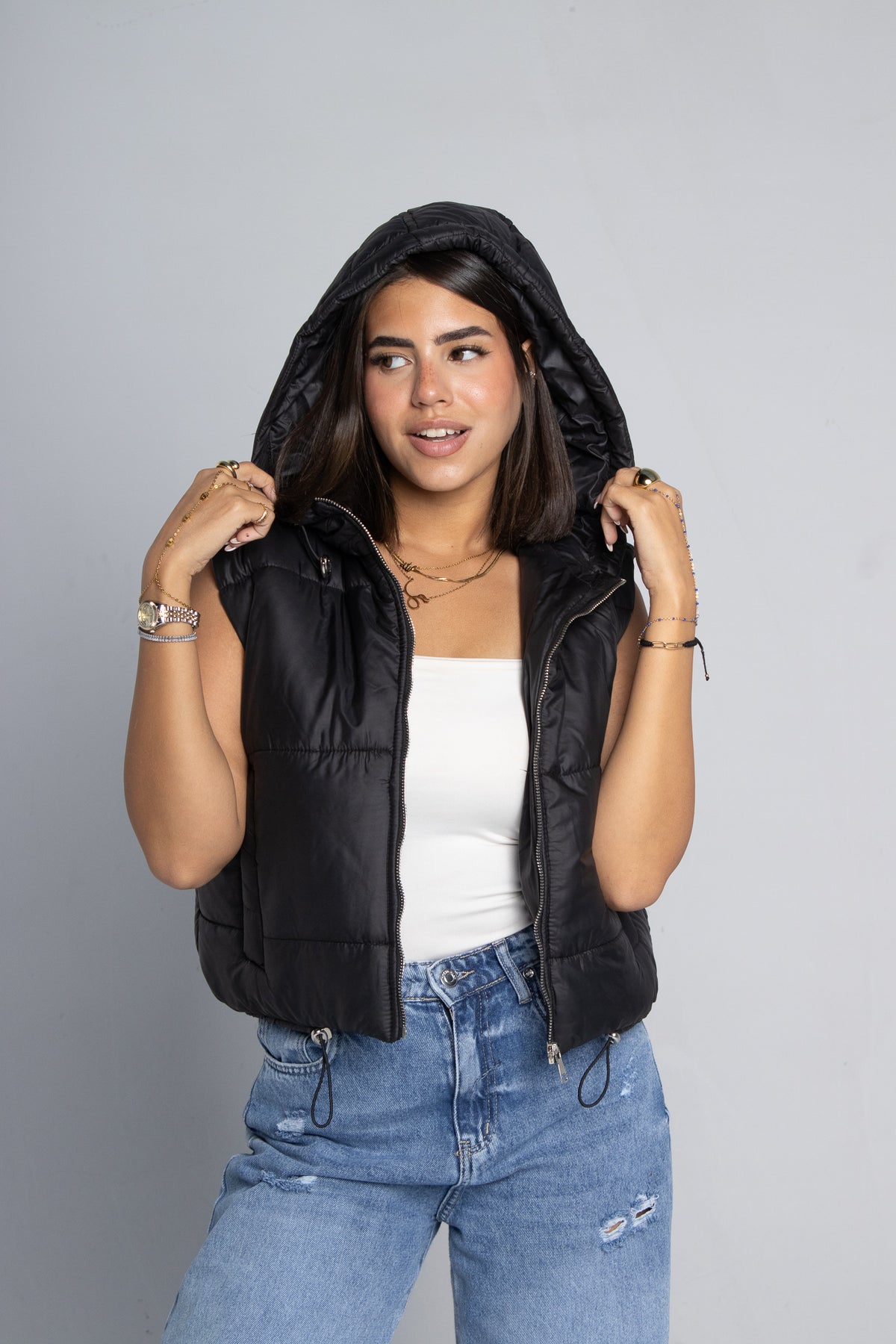 Hooded Cropped Vest - Black