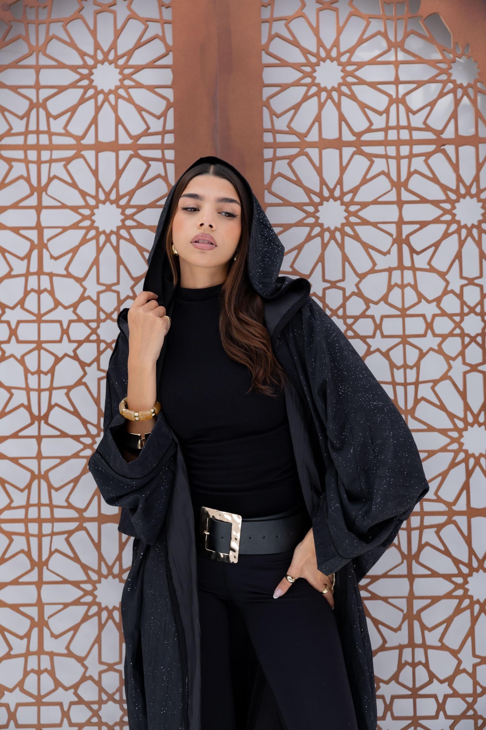 Sparkling Hooded Kaftan - Black