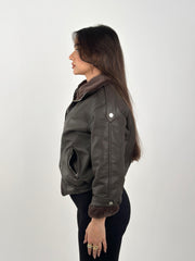 Leather X Fur Double Zipper Jacket - Brown