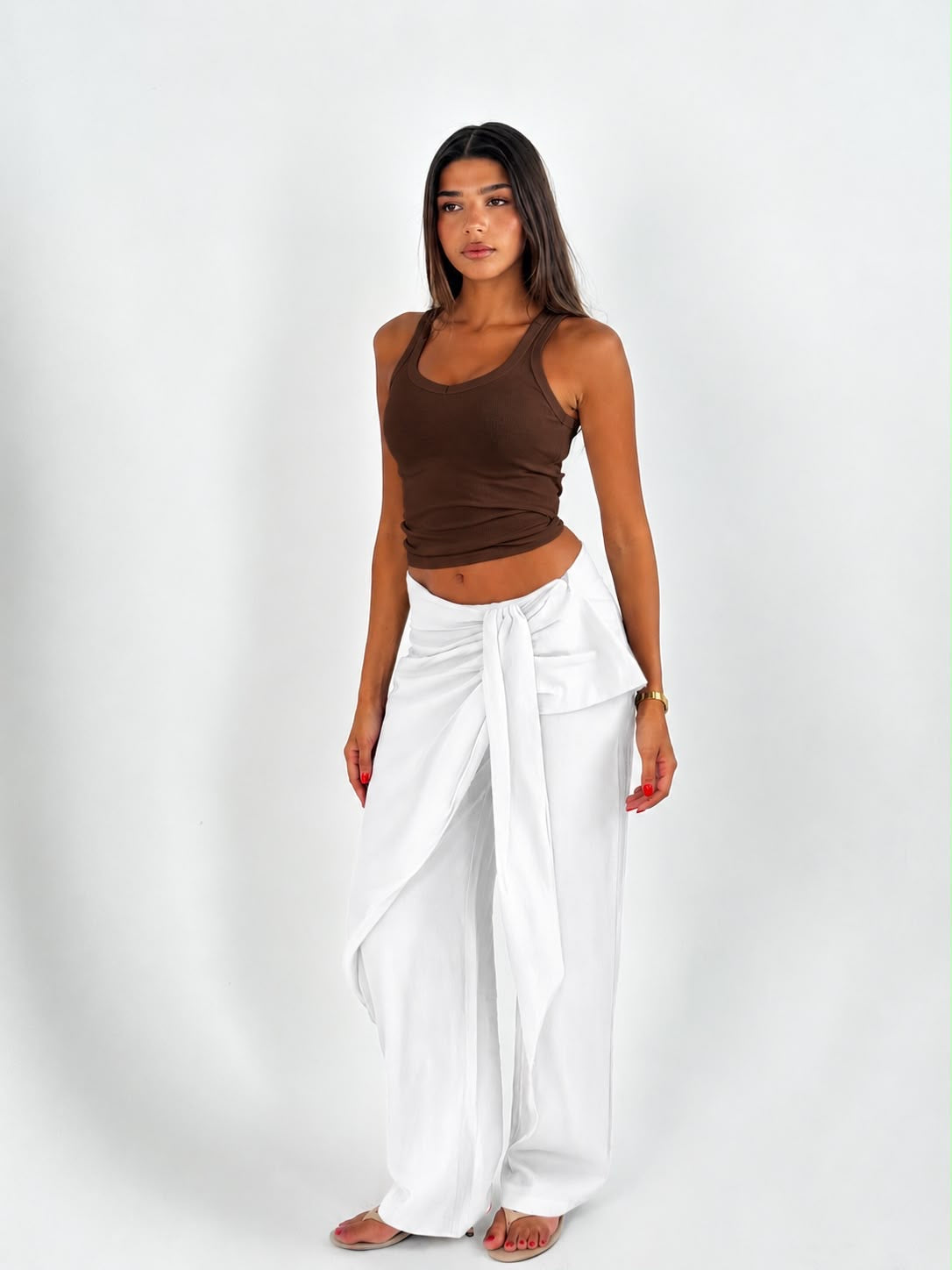 Bow Waist Linen Pants - White