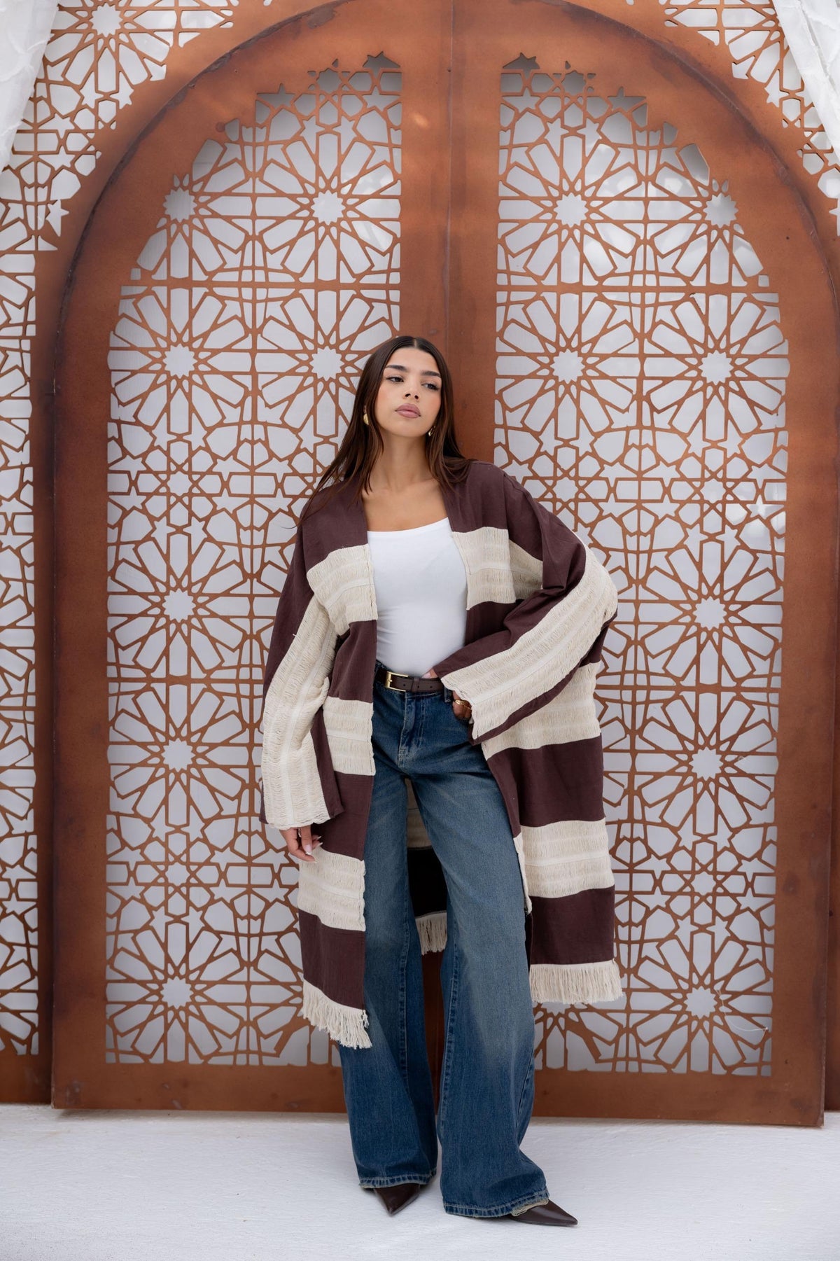 Mesh X Linen Cardigan - Brown