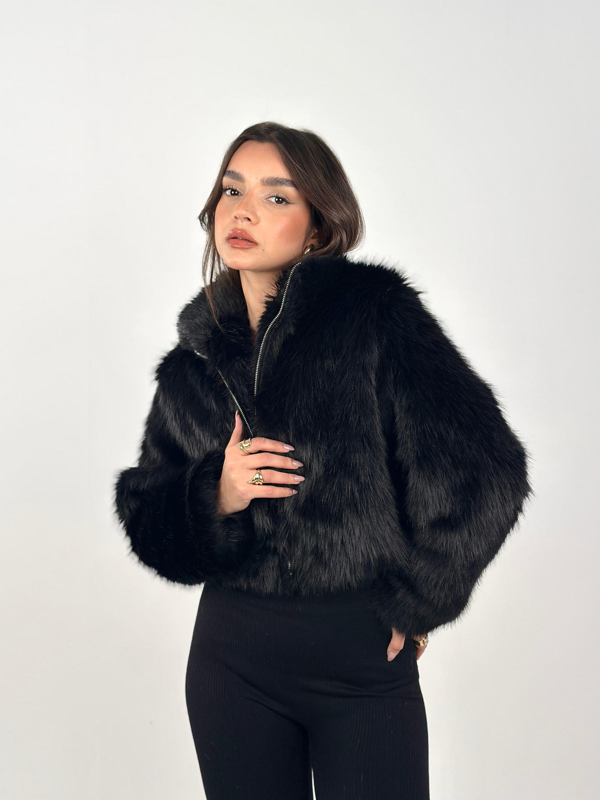 Cropped Zip Fur Jacket - Black