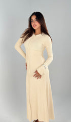Body Shaped Long Sleeves Dress - Beige