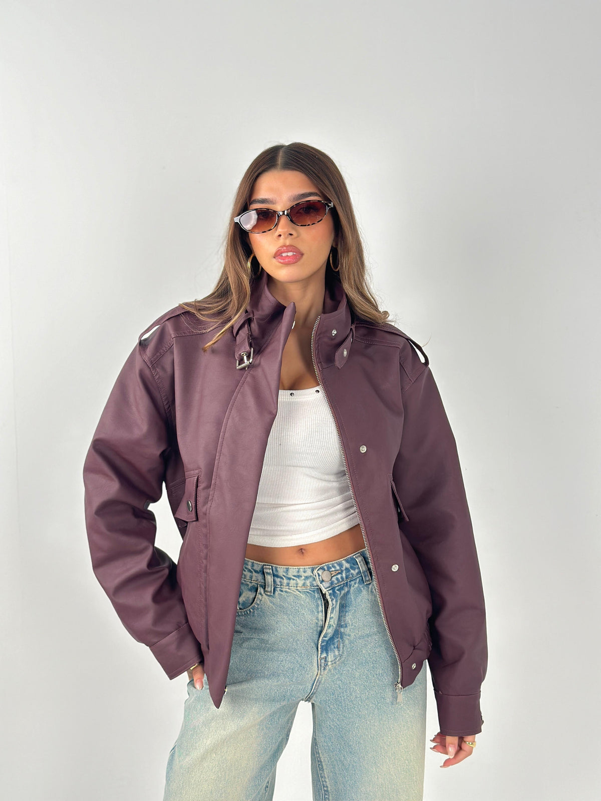 Leather Pockets Jacket - Burgundy