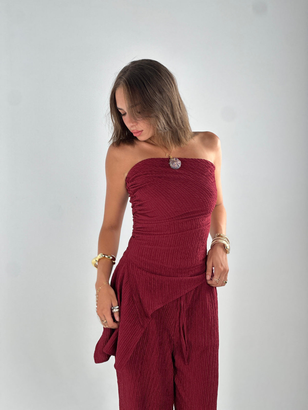Strapless Crushed Set - Burgundy