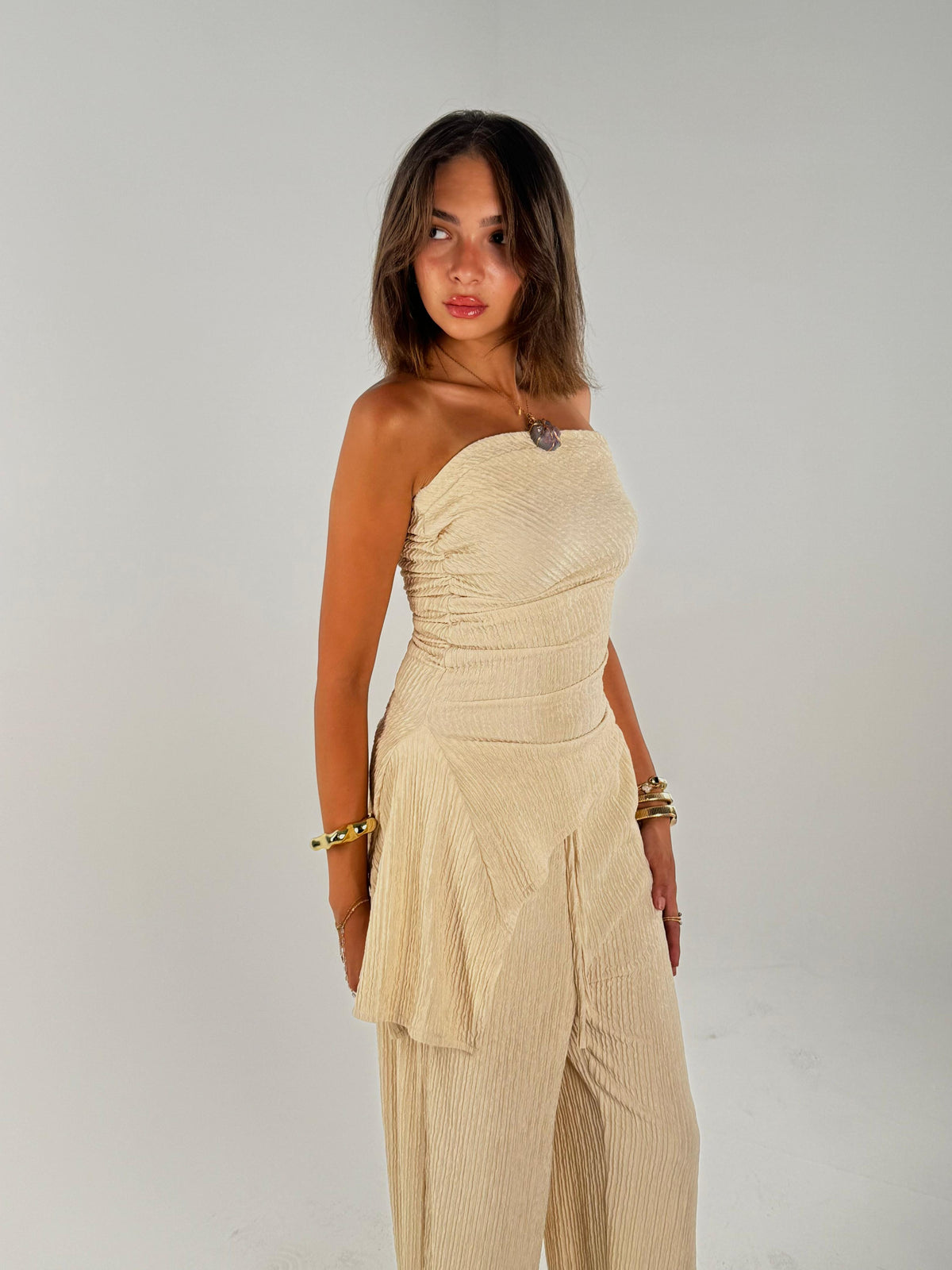 Strapless Crushed Set - Beige