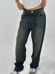 Dark Green Washed Straight Denim