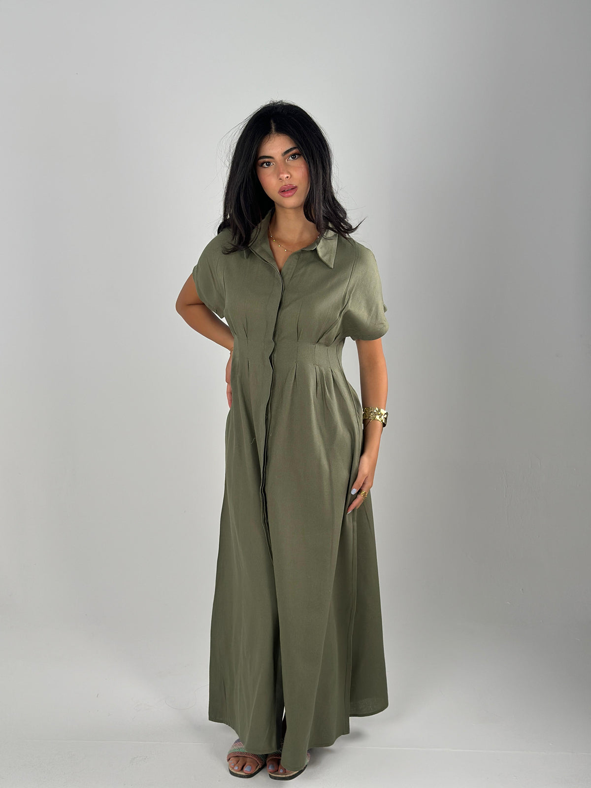 Defined Linen Dress - Olive
