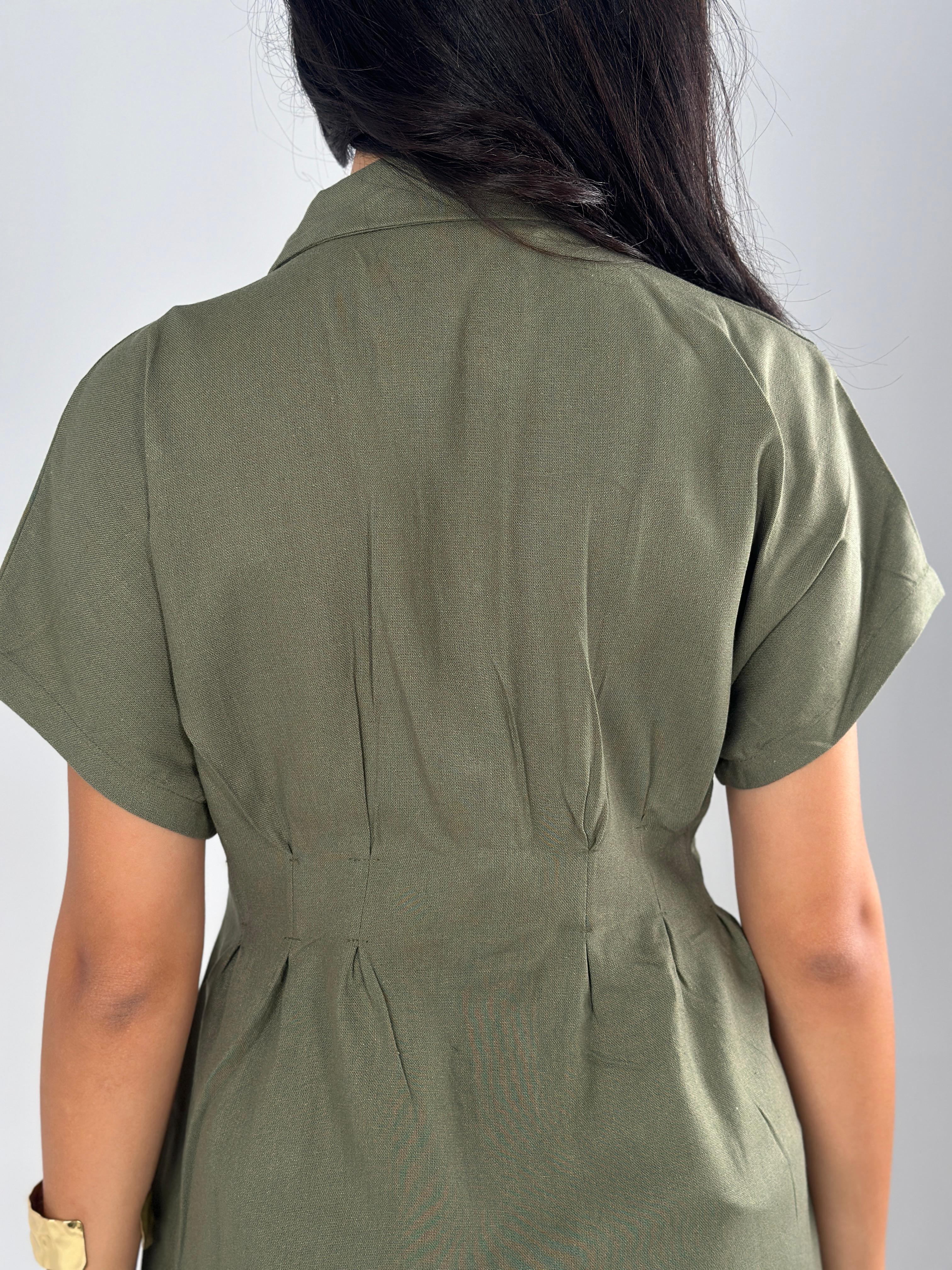 Defined Linen Dress - Olive