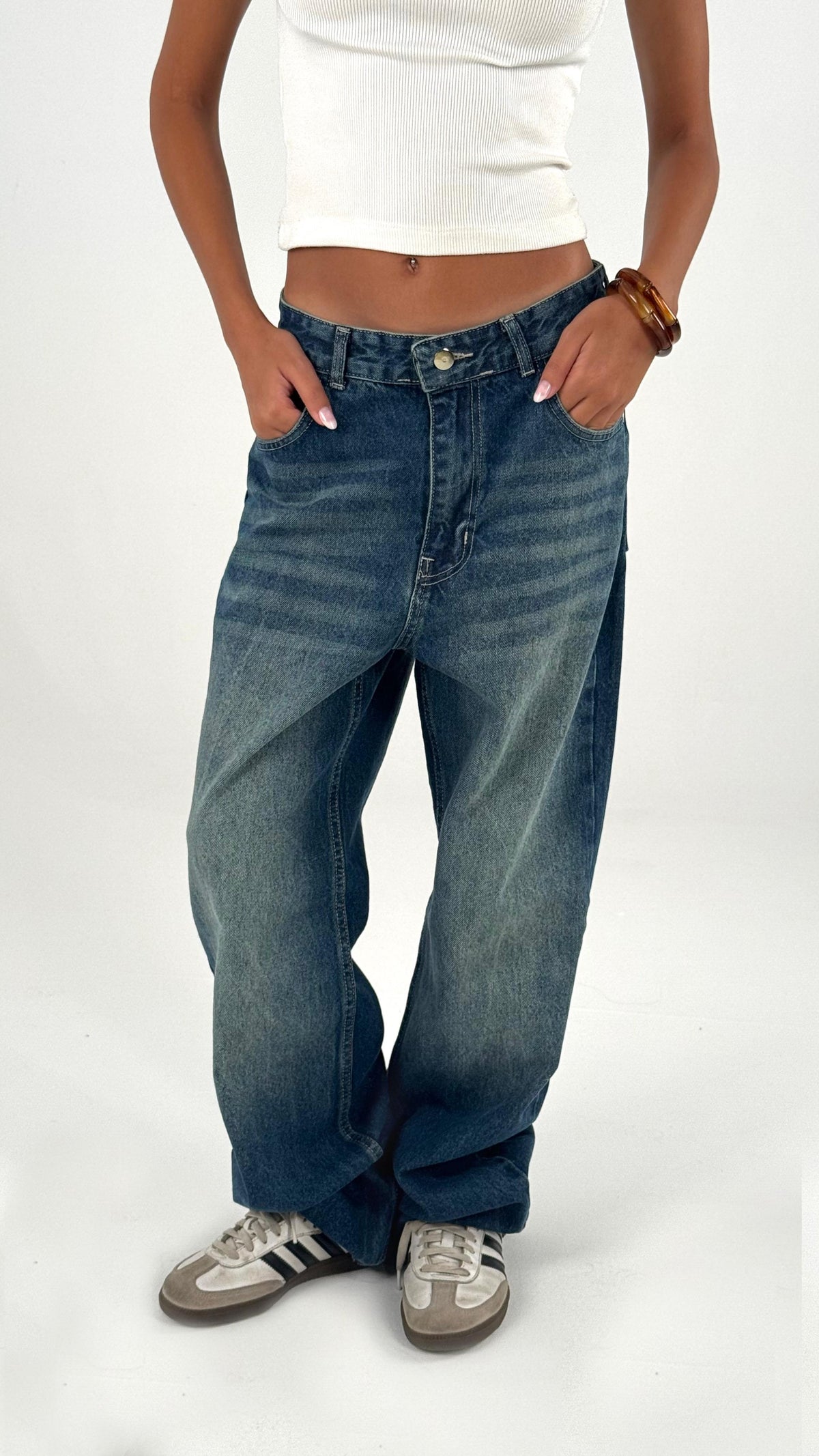 Green Straight Washed Dirty Denim