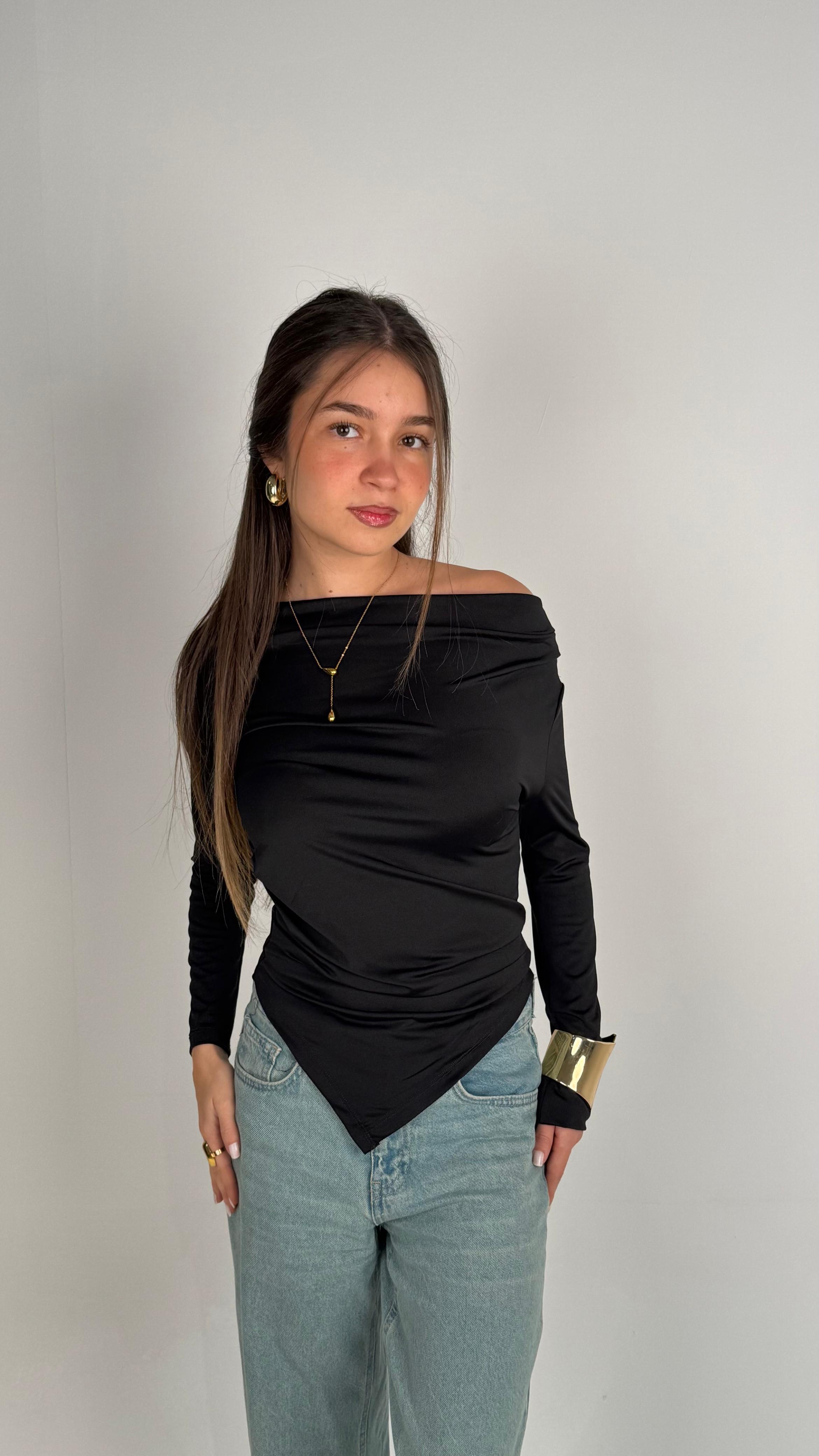 V Long Sleeves One Shoulder Top