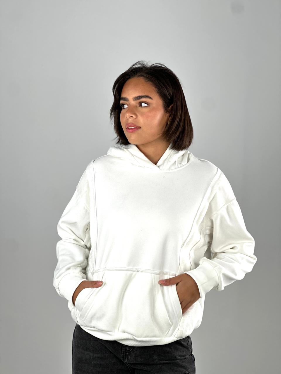 Stitched Fur Hoodie - Wihte