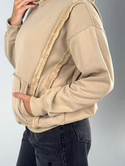 Stitched Fur Hoodie - Beige