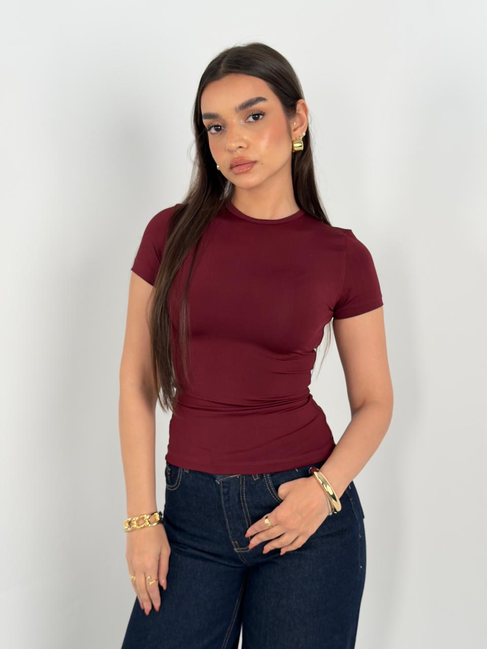 Half Sleeves Basic Top - Burgundy