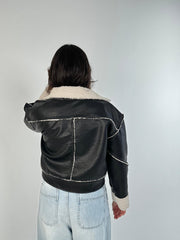 Faux Leather Stitched Fur Jacket - Black